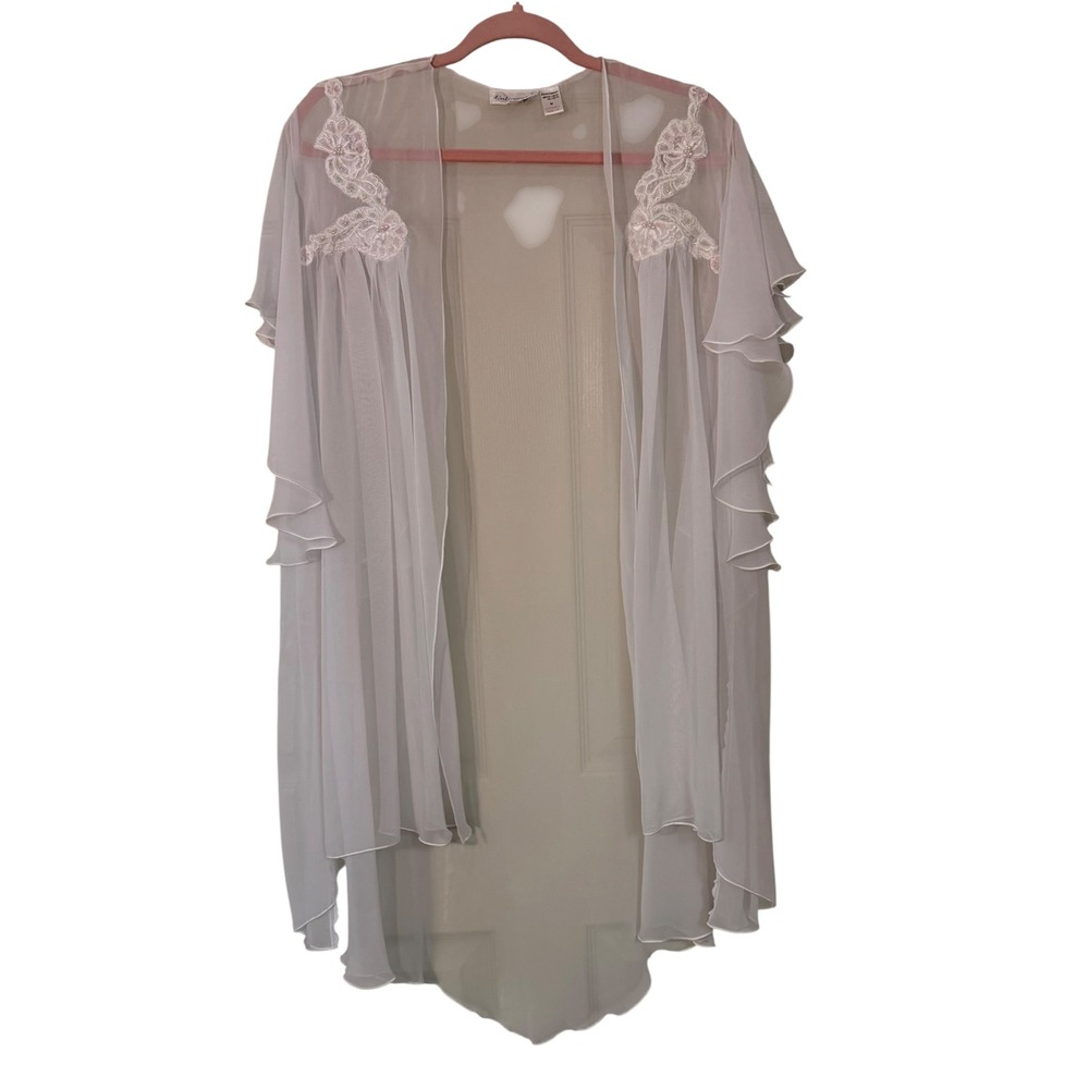 Vintage Enticements Sheer White Chiffon Robe Lace Pearl Ruffle Sleeve Peignoir M - Picture 13 of 16